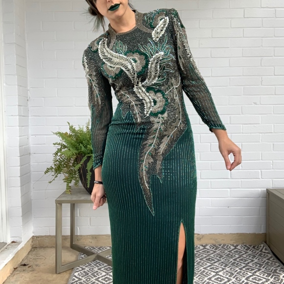 ❌SOLD❌Vintage 80's Beaded Silk High-Leg Slit Gown - Picture 2 of 8